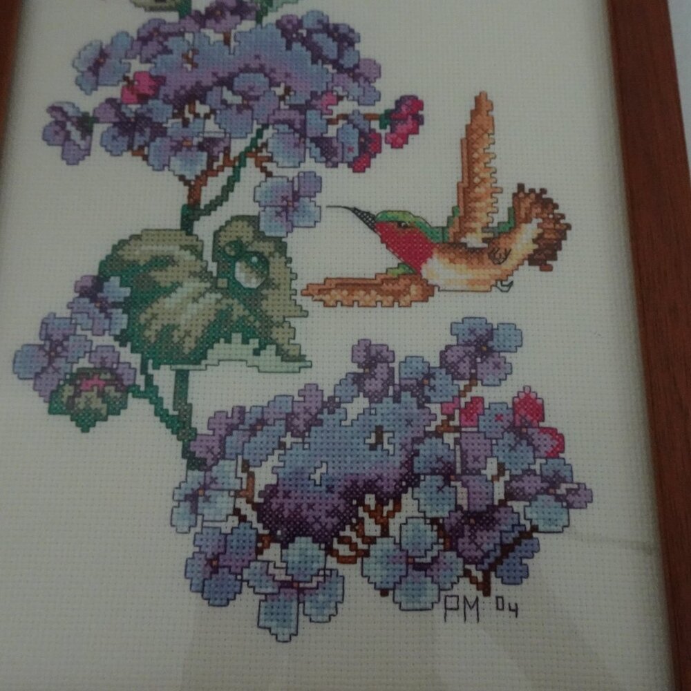 Vintage Framed Bird Embroidery Cross Stitch Hummingbird Floral 9.75"x15.5" - Picture 4 of 5